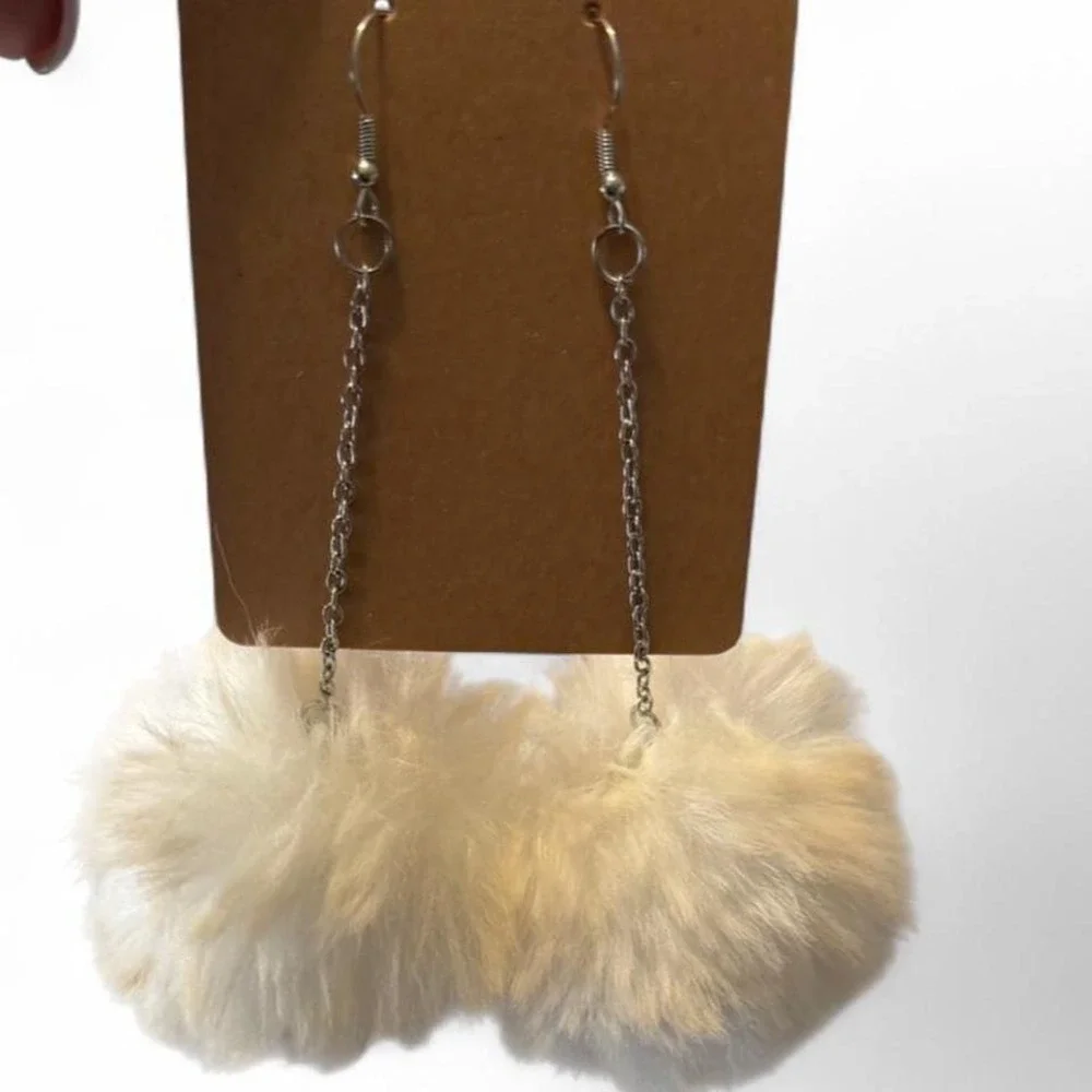 White Faux Fur Pom‎ Pom Dangle Earrings